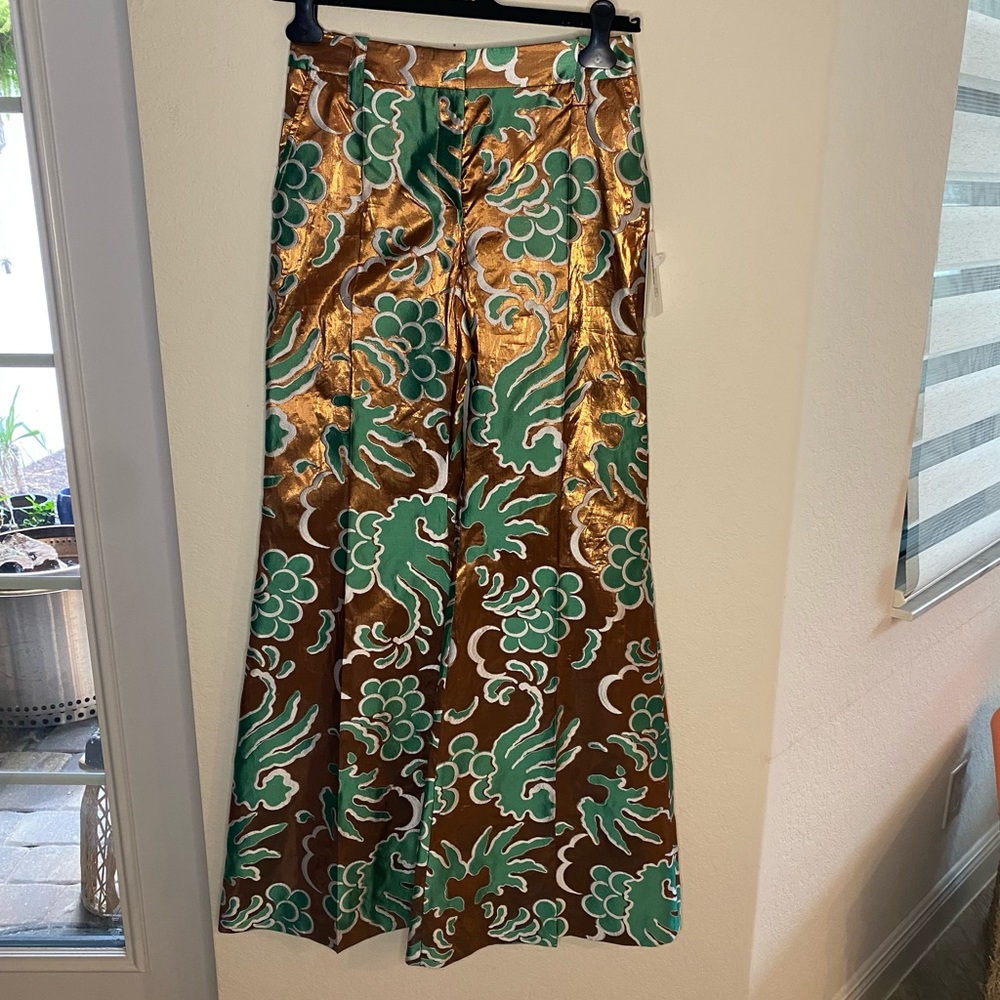Valentino Bronze Green Silk Wide Leg Pants